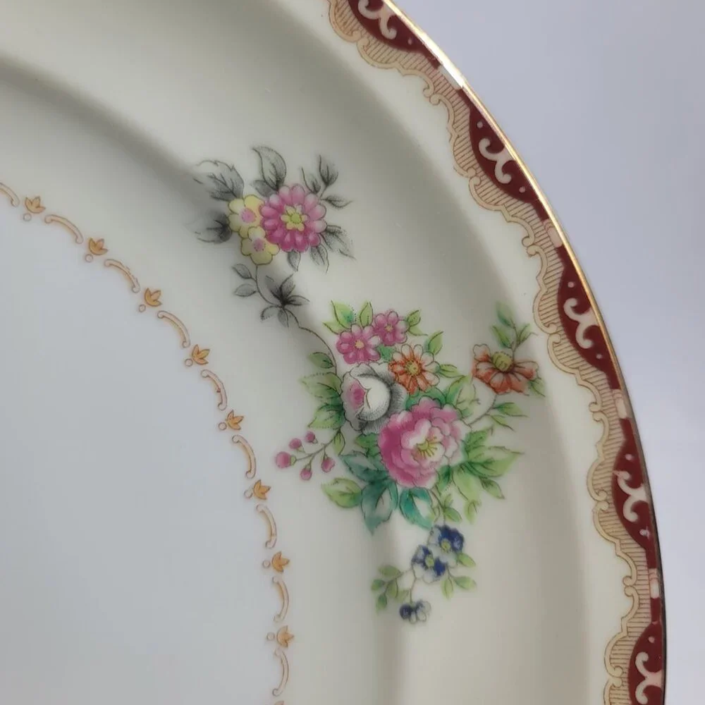 TWO Meito Keepsake Dinner Plates Ivory with Rust & Tan Scroll & Floral Rim
